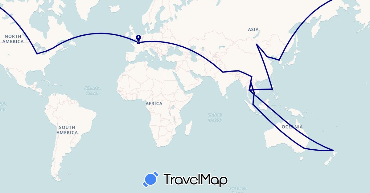 TravelMap itinerary: driving in Australia, Canada, China, France, India, Cambodia, South Korea, Laos, Mongolia, New Zealand, Philippines, Singapore, Thailand, United States (Asia, Europe, North America, Oceania)